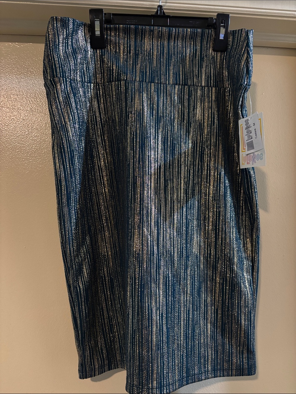 LuLaRoe Metallic Teal and gold Vertical-Stripe Pencil Skirt NWT Size M